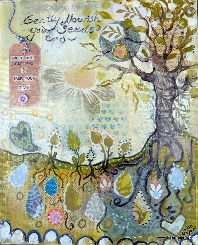 "Nourish your seeds/Giv dine frø næring", mixed media on canvas, 25 x 30 cm